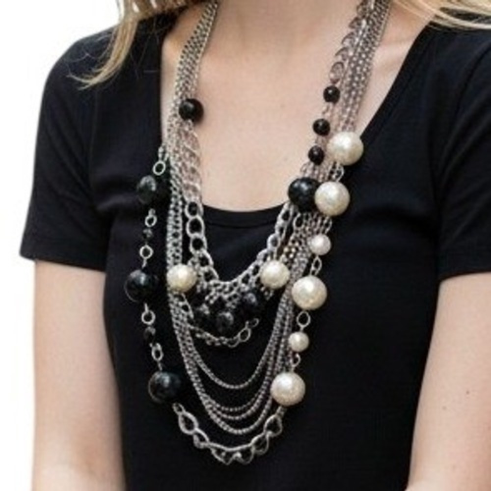 Silver Multi Strand Statement Necklace Faux Pearl Black Bead Layered Chain